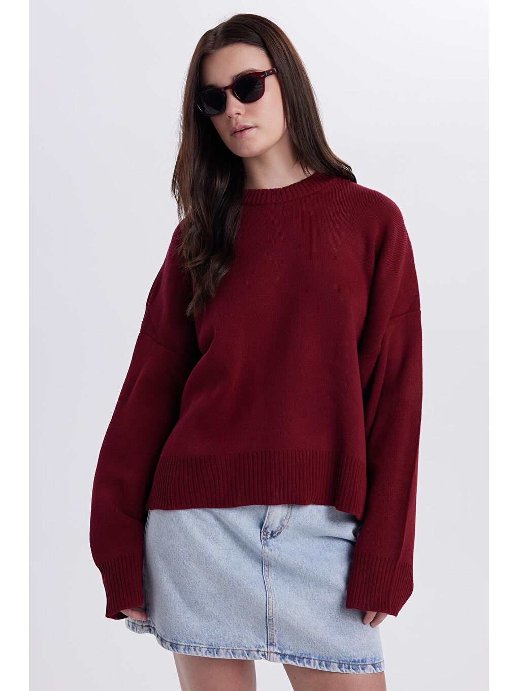 Kadın Oversize Geniş Kesim Bisiklet Yaka Bordo Kazak-4