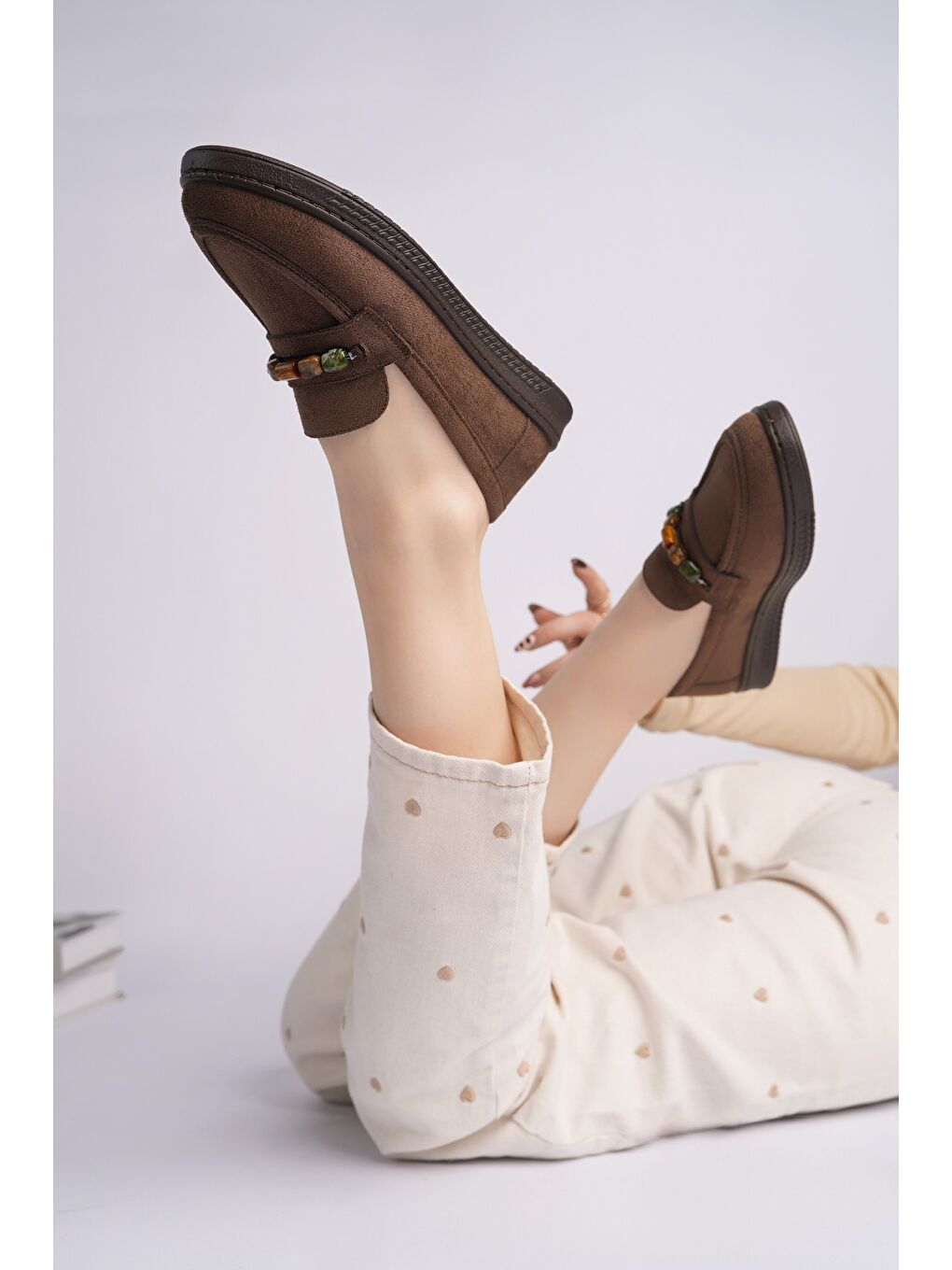 Kahverengi AUREVA Boncuk Detaylı Süet Kadın Günlük Loafer Ayakkabı-4