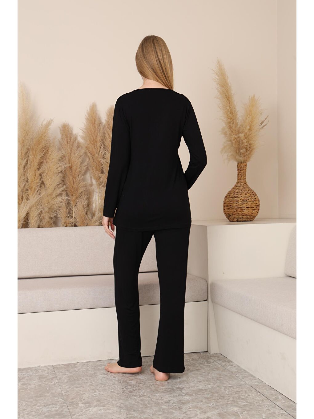 Siyah Çizgili Sabahlıklı Emzirmeye Uygun Hamile ve Lohusa Pijama Takımı-6