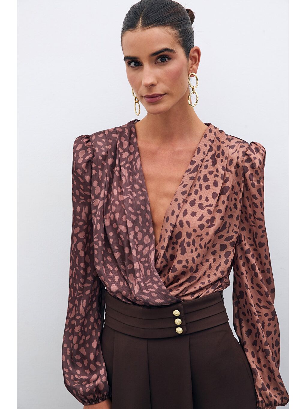 Kahverengi Kruvaze Desenli Bodysuit - Camel-Kahve