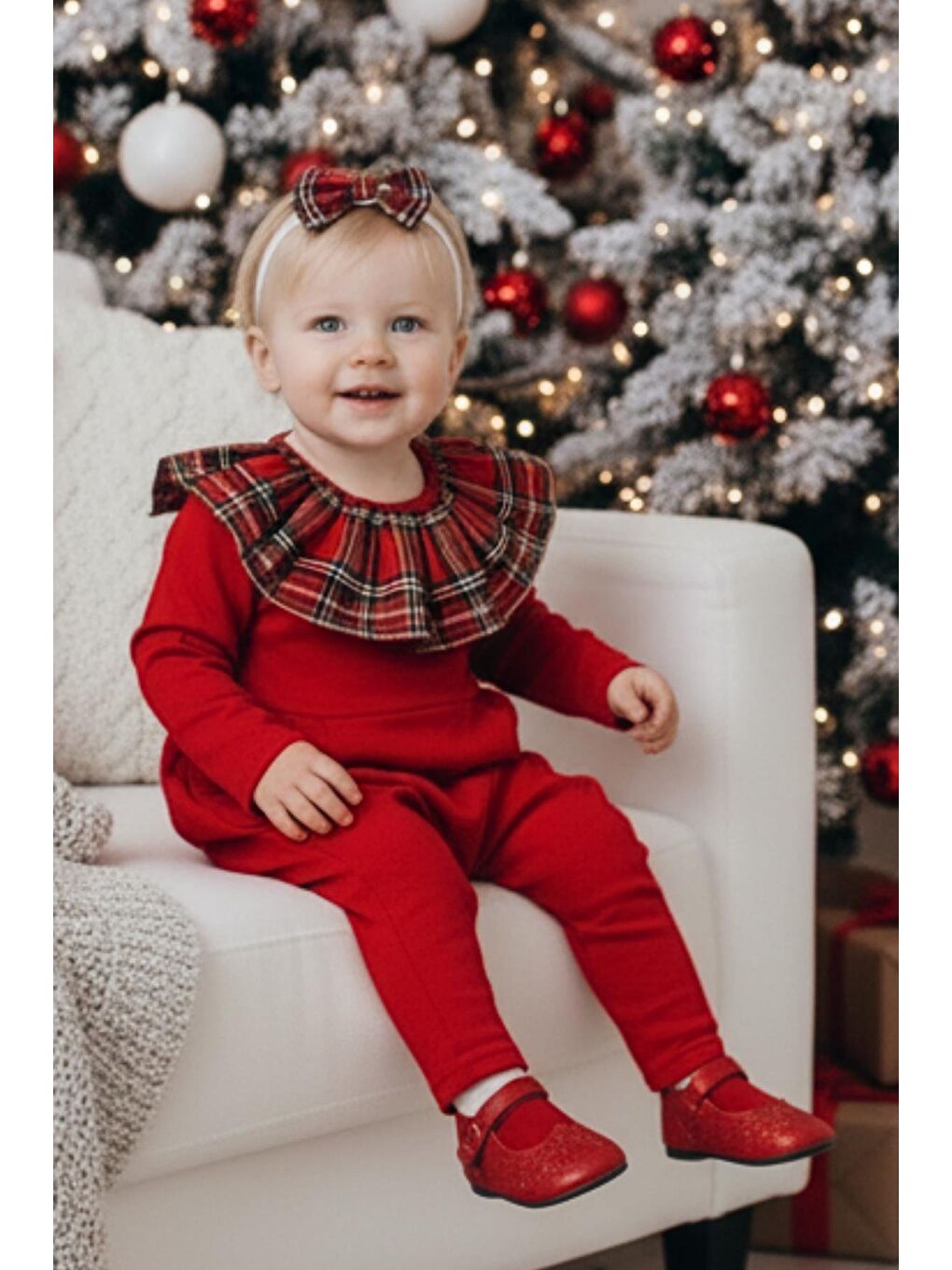 Kız Çocuk Kırmızı Ekose Yakalı Çıtçıt Detaylı Yılbaşı Tulum Salopet-2