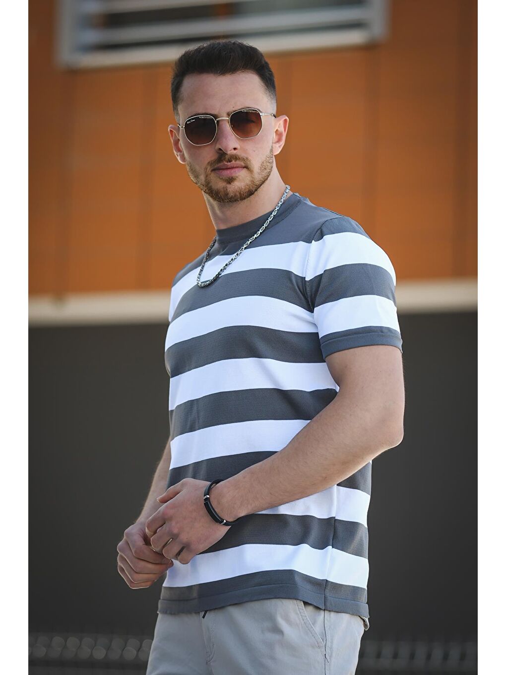 Gri Jesse Slim Fit Çizgili Merserize Erkek Triko Tişört