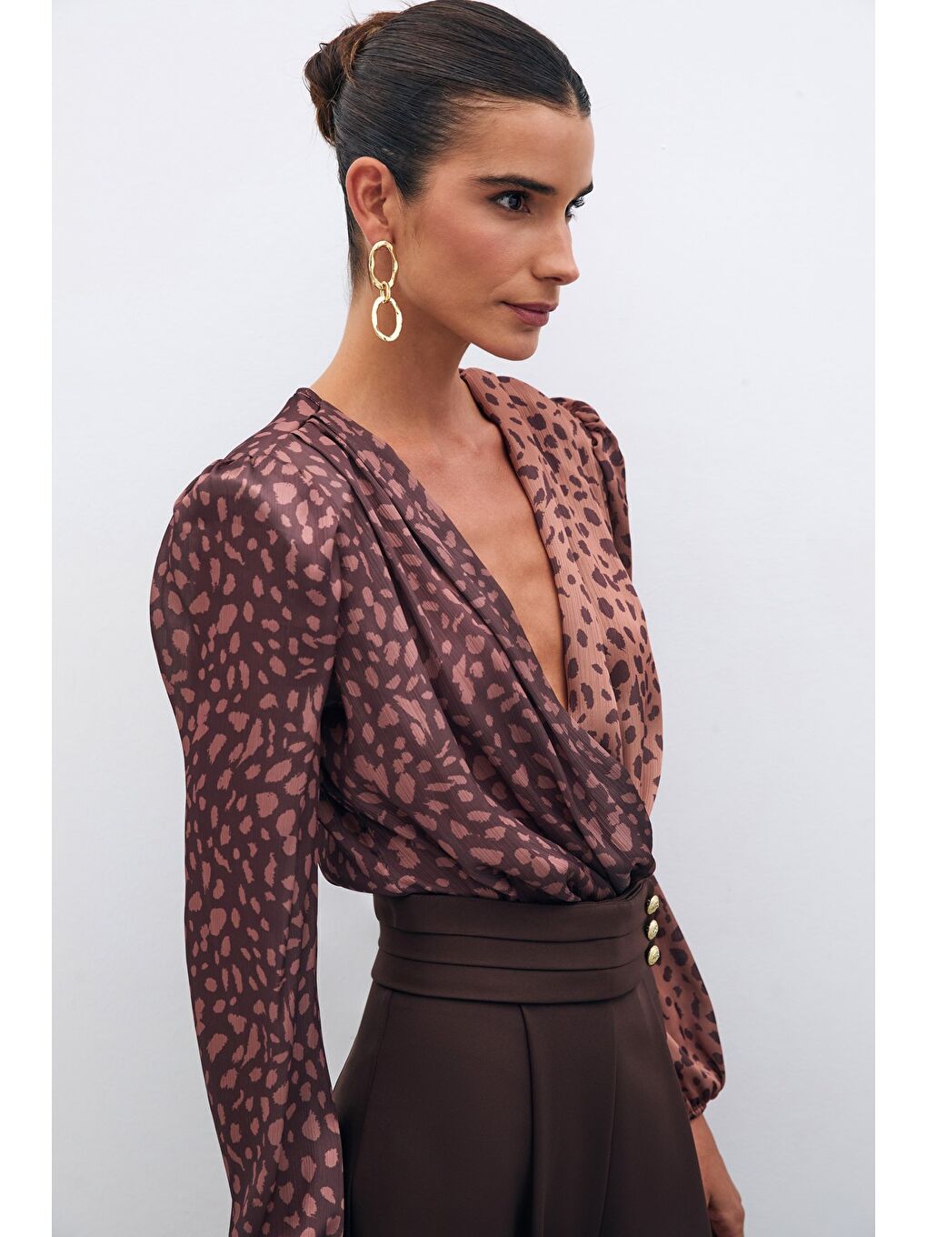 Kahverengi Kruvaze Desenli Bodysuit - Camel-Kahve-1