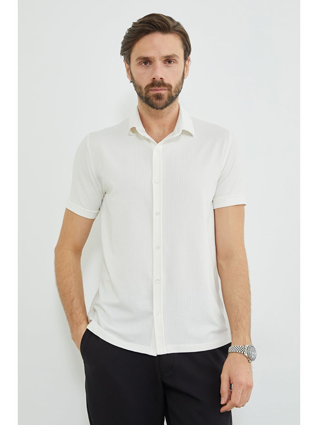 Ekru Fitilli Kolu Katlı Slim Fit Gömlek-1