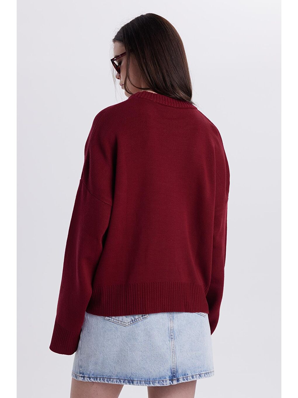 Kadın Oversize Geniş Kesim Bisiklet Yaka Bordo Kazak-6