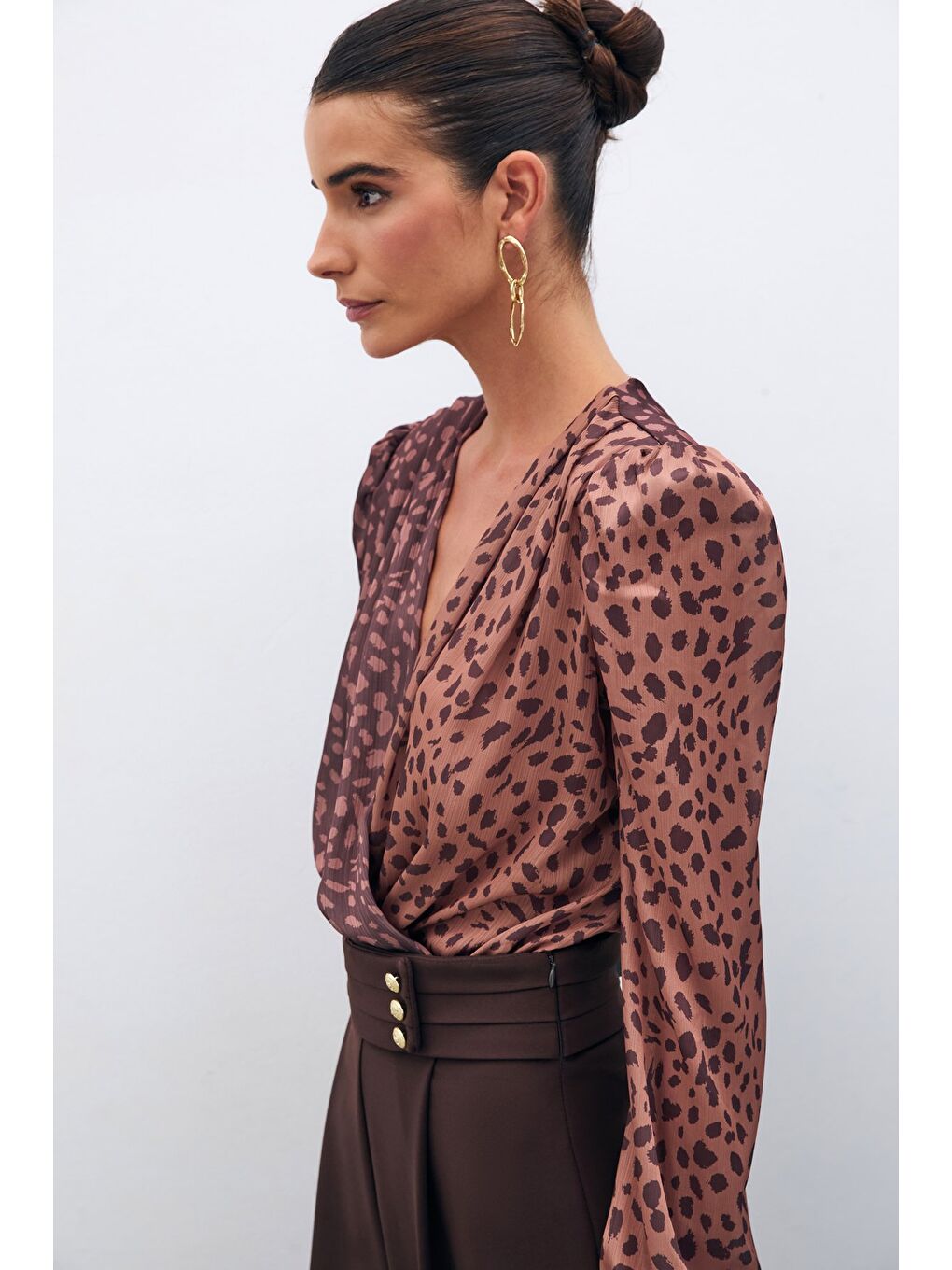 Kahverengi Kruvaze Desenli Bodysuit - Camel-Kahve-2