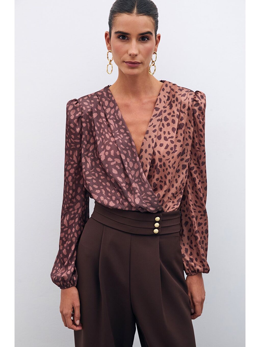 Kahverengi Kruvaze Desenli Bodysuit - Camel-Kahve-3