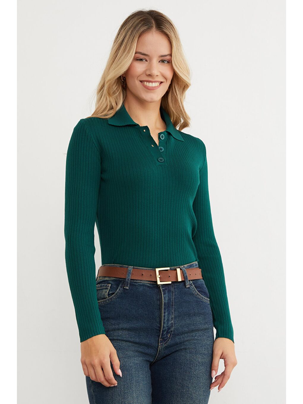 Yeşil Fitilli Polo Yaka Yarım Düğmeli Triko Kazak