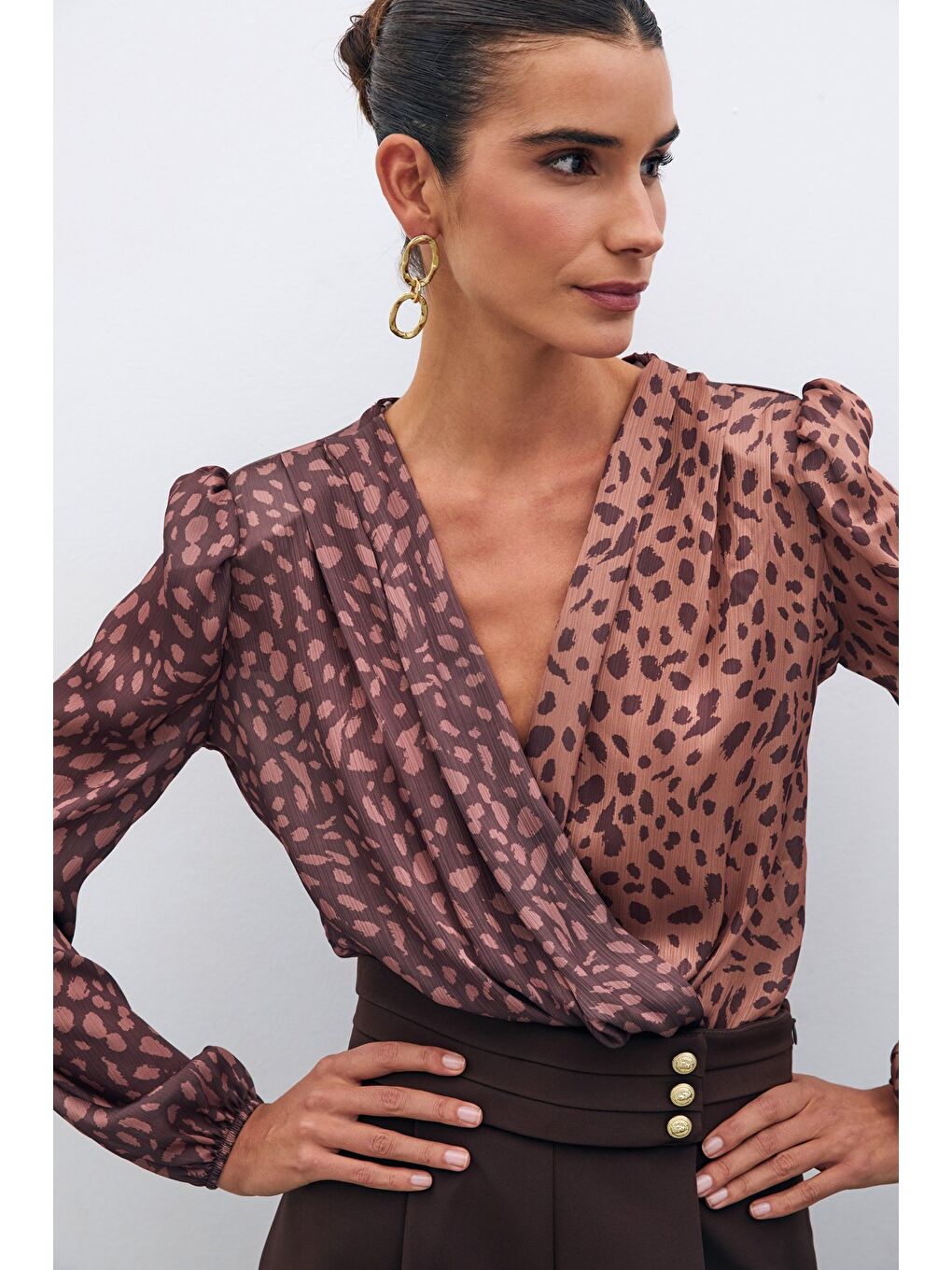 Kahverengi Kruvaze Desenli Bodysuit - Camel-Kahve-4