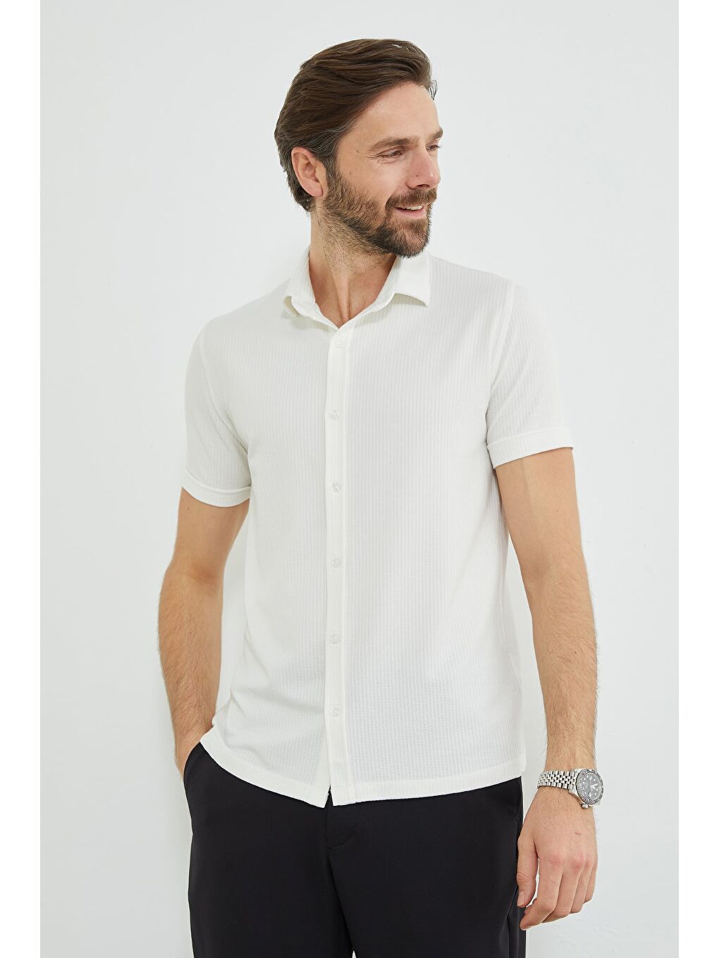 Ekru Fitilli Kolu Katlı Slim Fit Gömlek-2