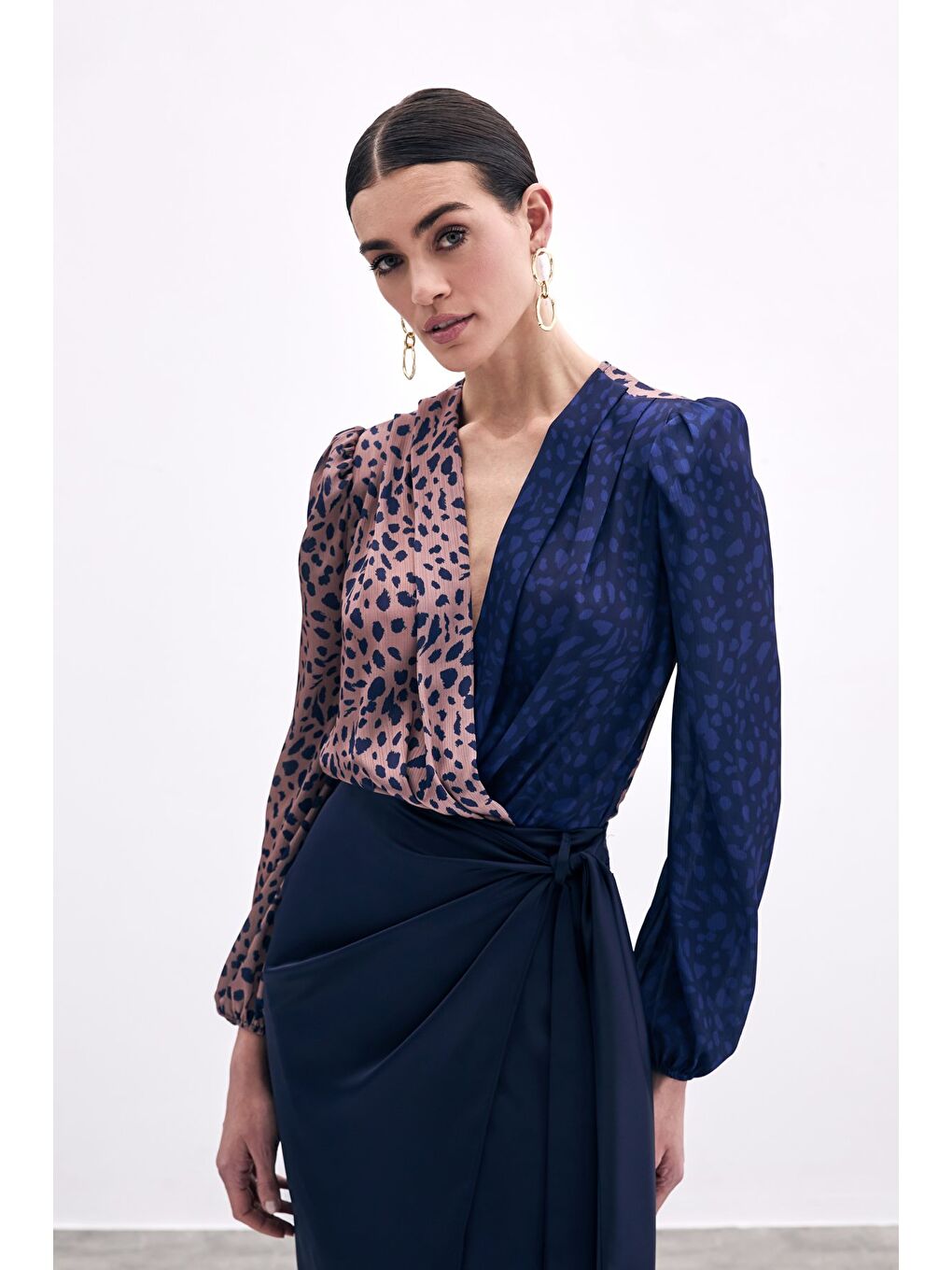 Kruvaze Desenli Bodysuit - Camel-Lacivert