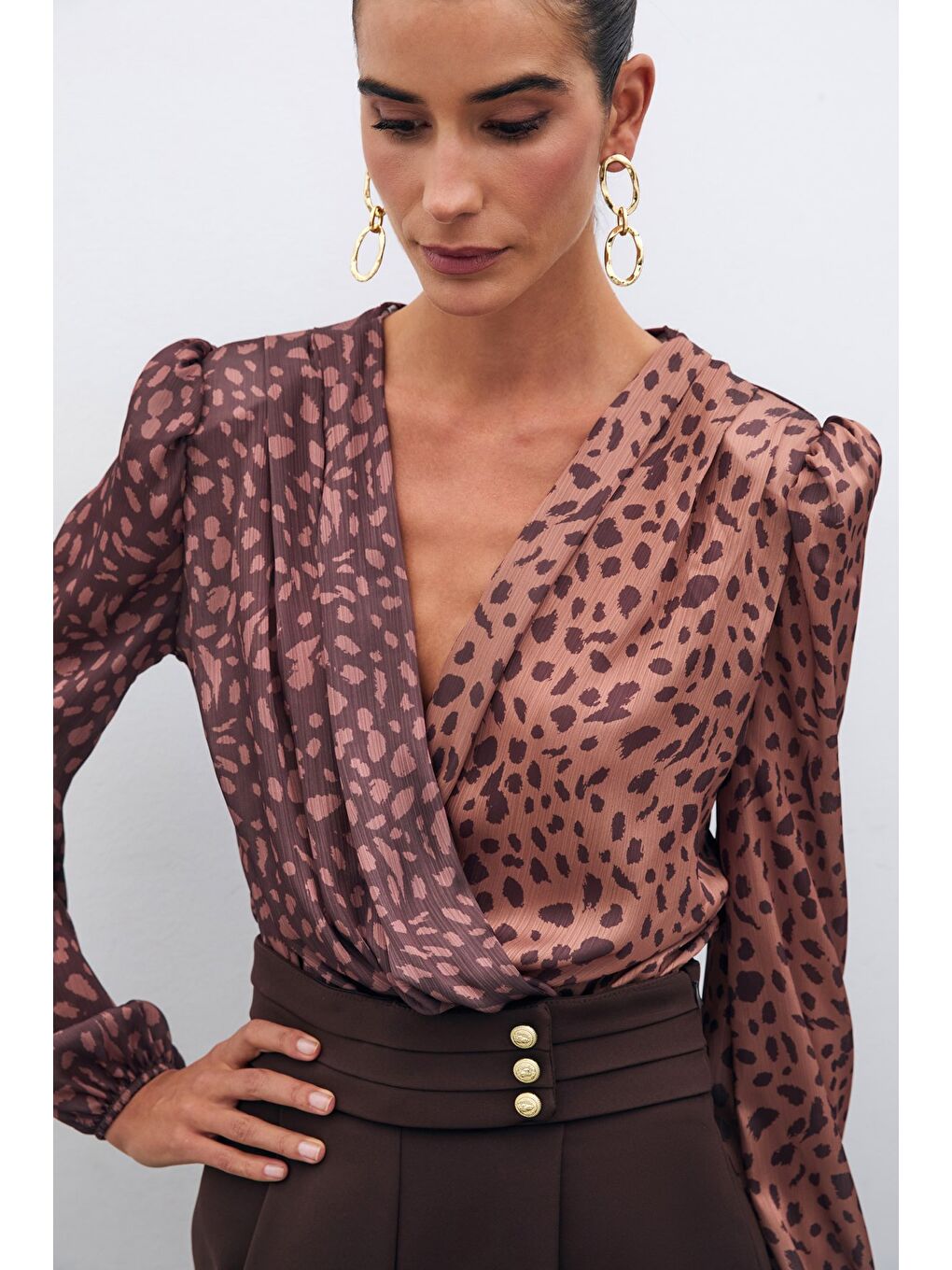 Kahverengi Kruvaze Desenli Bodysuit - Camel-Kahve-5