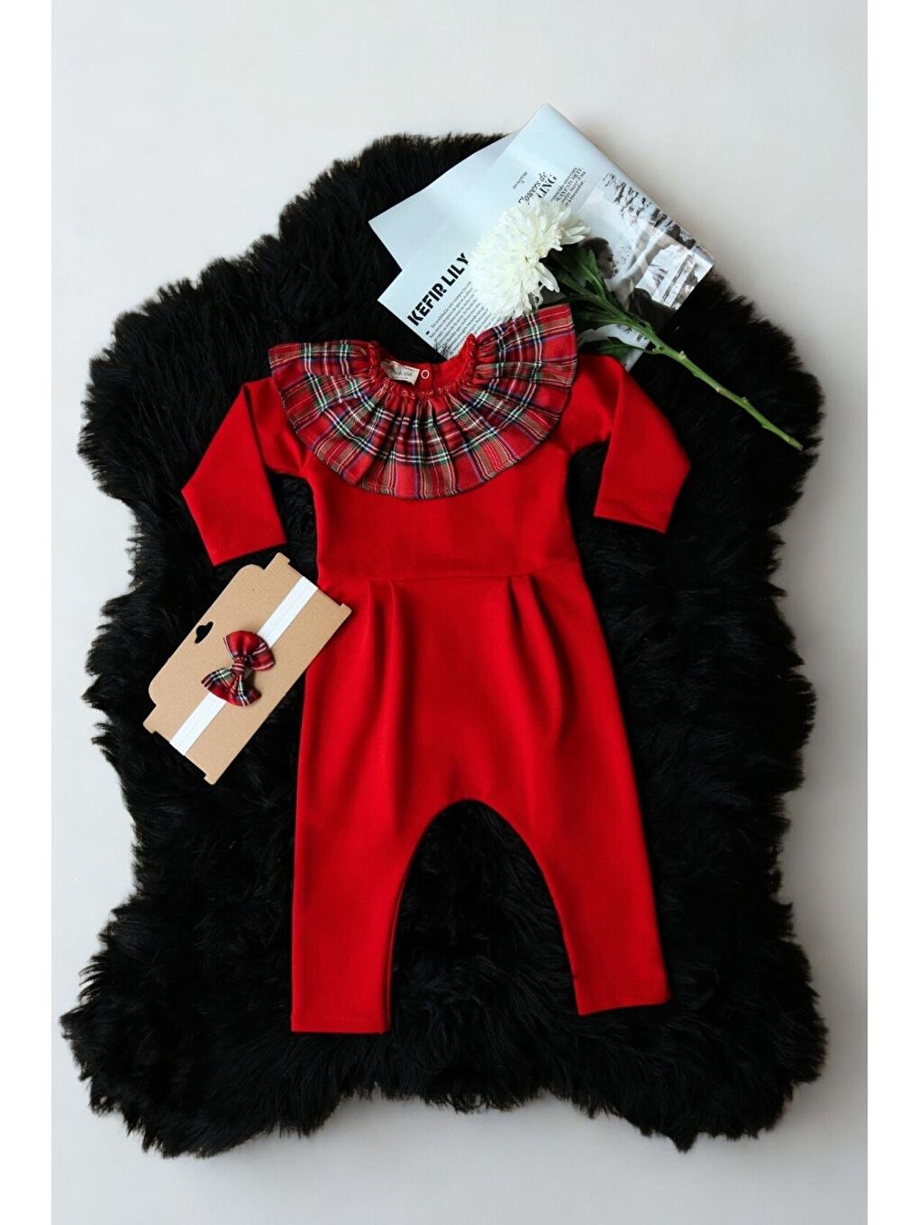 Kız Çocuk Kırmızı Ekose Yakalı Çıtçıt Detaylı Yılbaşı Tulum Salopet-4