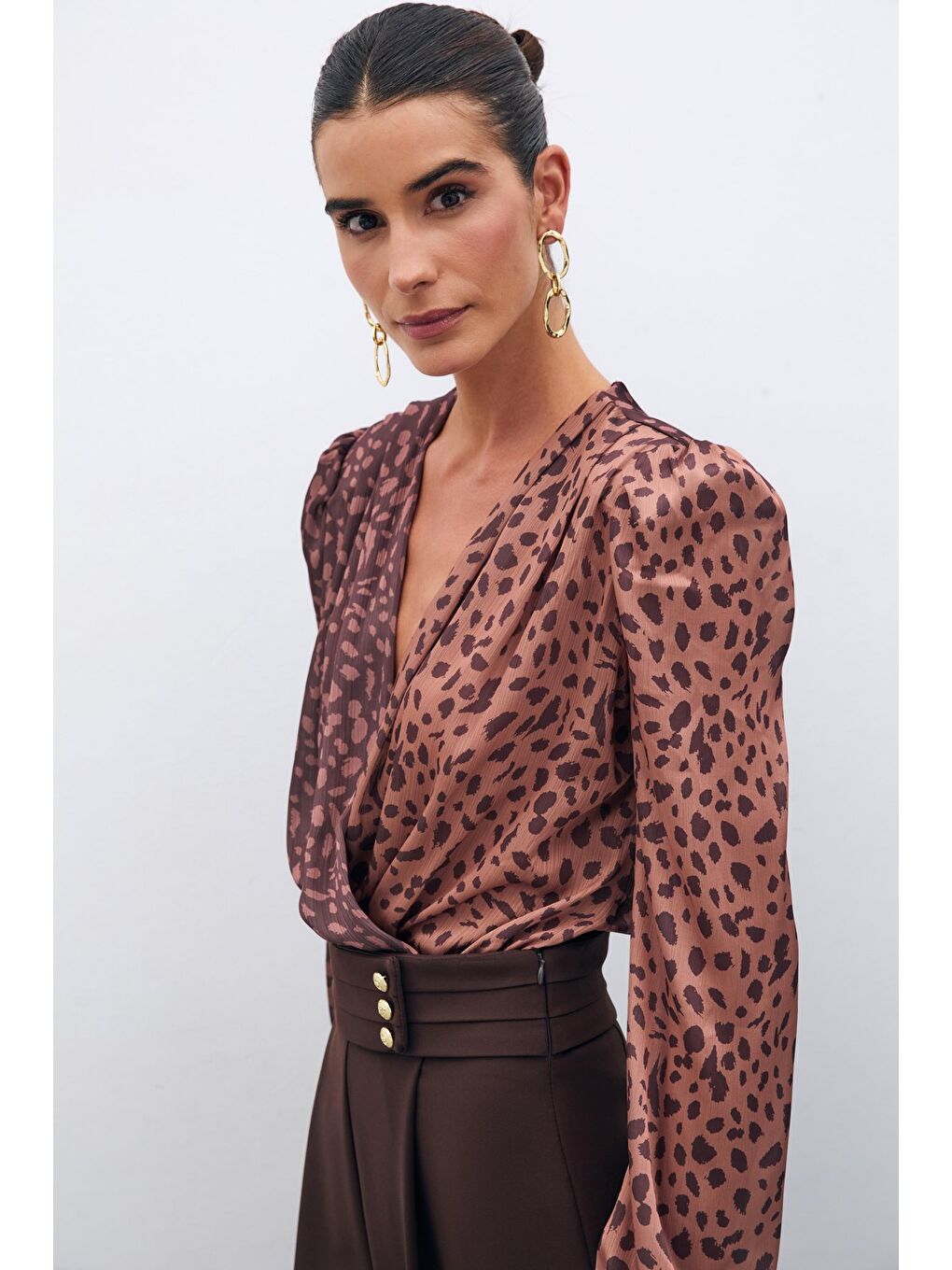 Kahverengi Kruvaze Desenli Bodysuit - Camel-Kahve-6