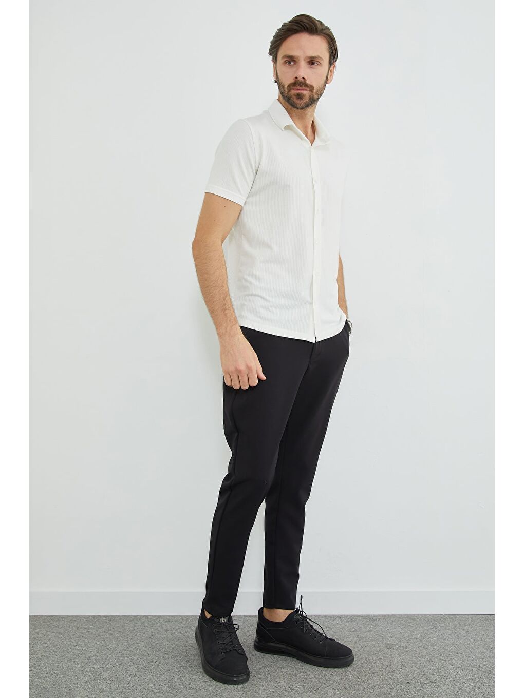 Ekru Fitilli Kolu Katlı Slim Fit Gömlek-3