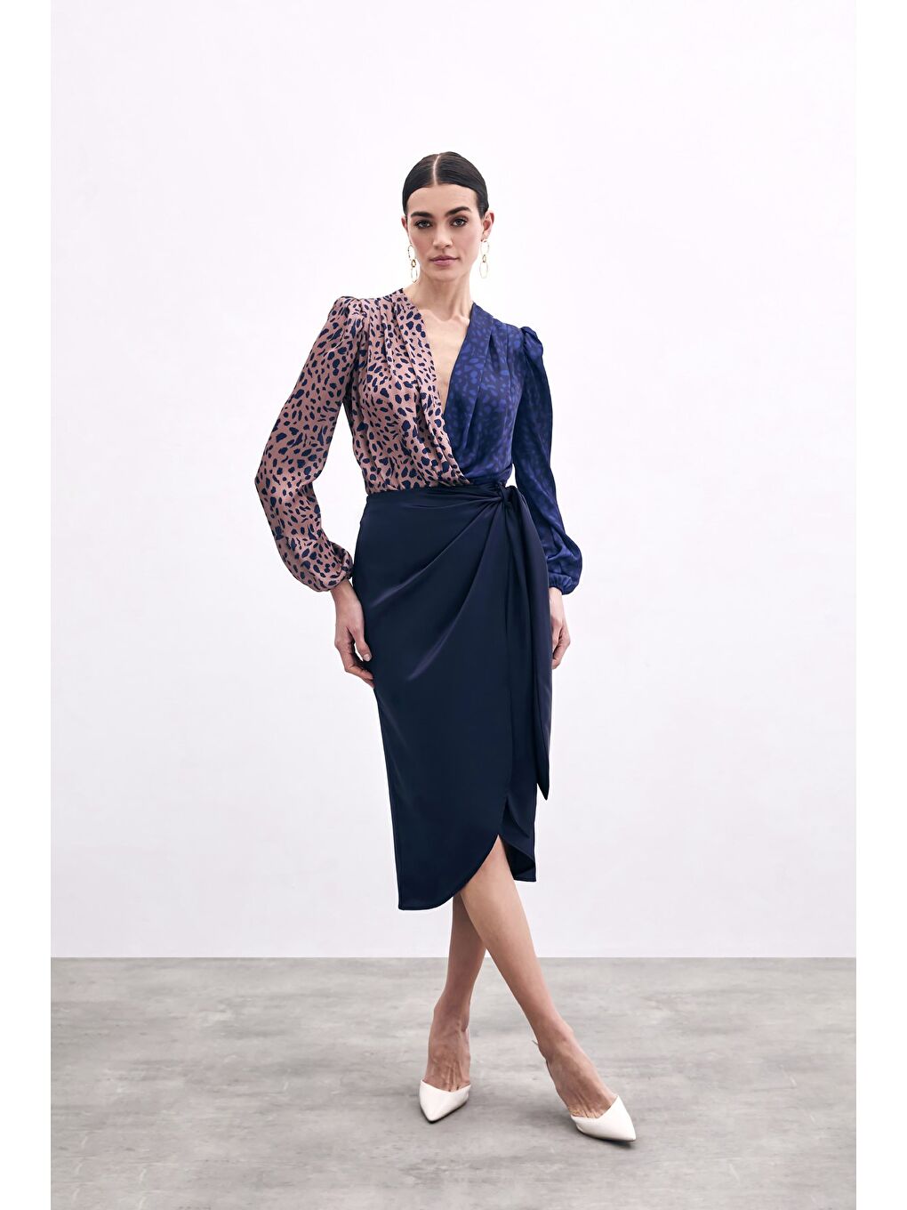 Kruvaze Desenli Bodysuit - Camel-Lacivert-3