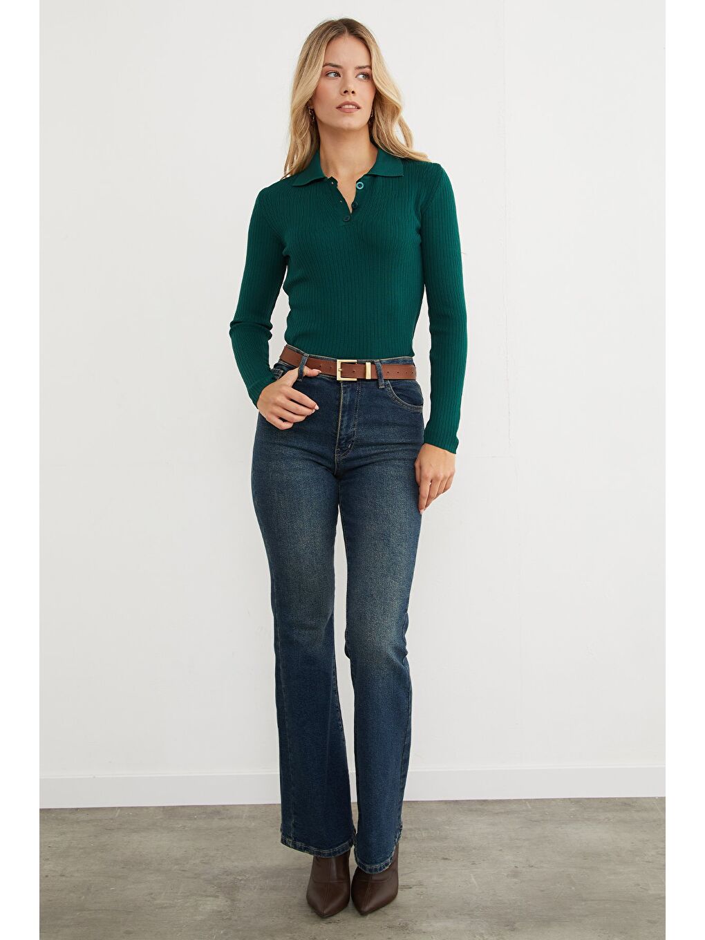 Yeşil Fitilli Polo Yaka Yarım Düğmeli Triko Kazak-1