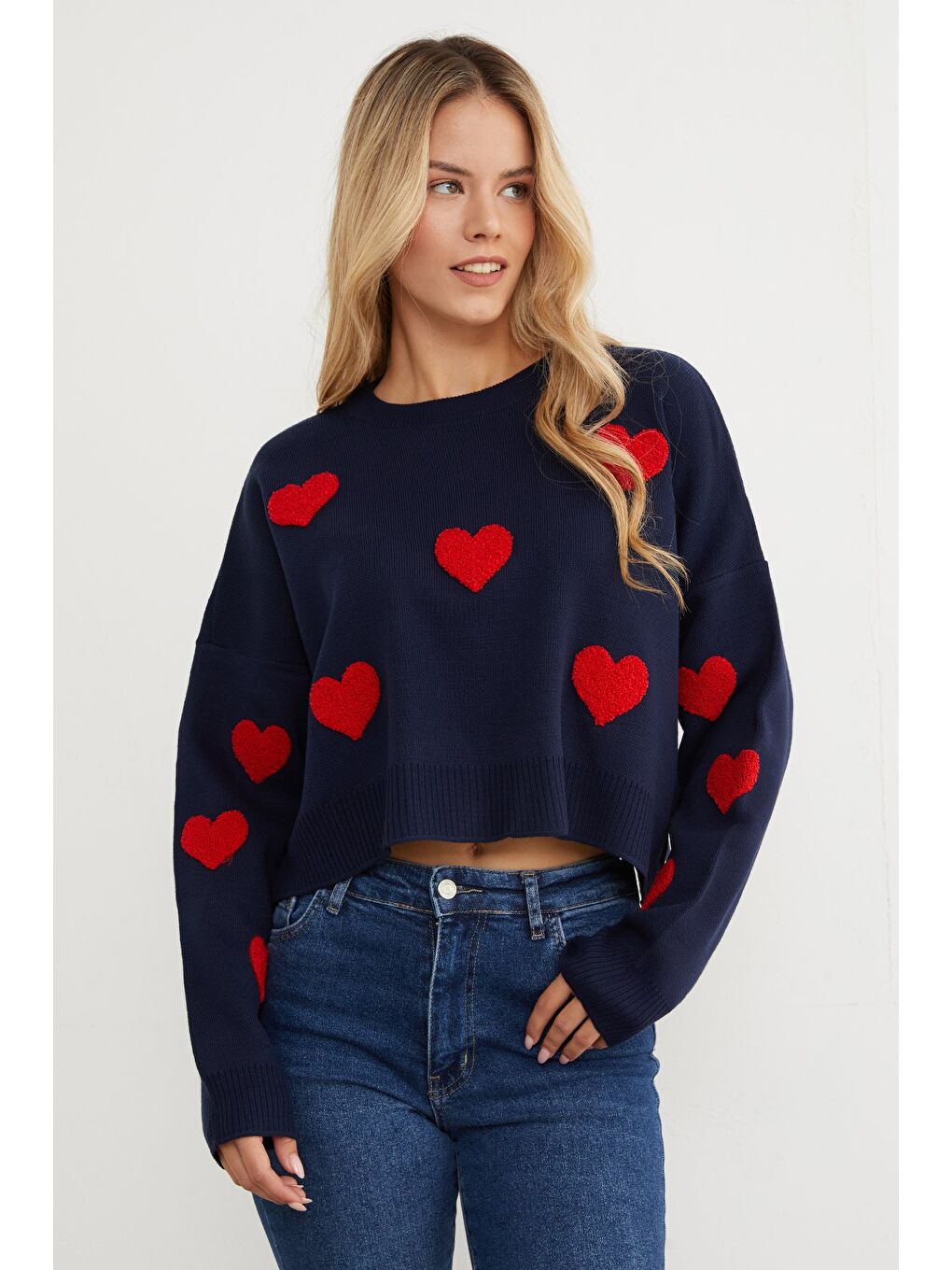 Lacivert Kalp Nakışlı Crop Triko Kazak-2