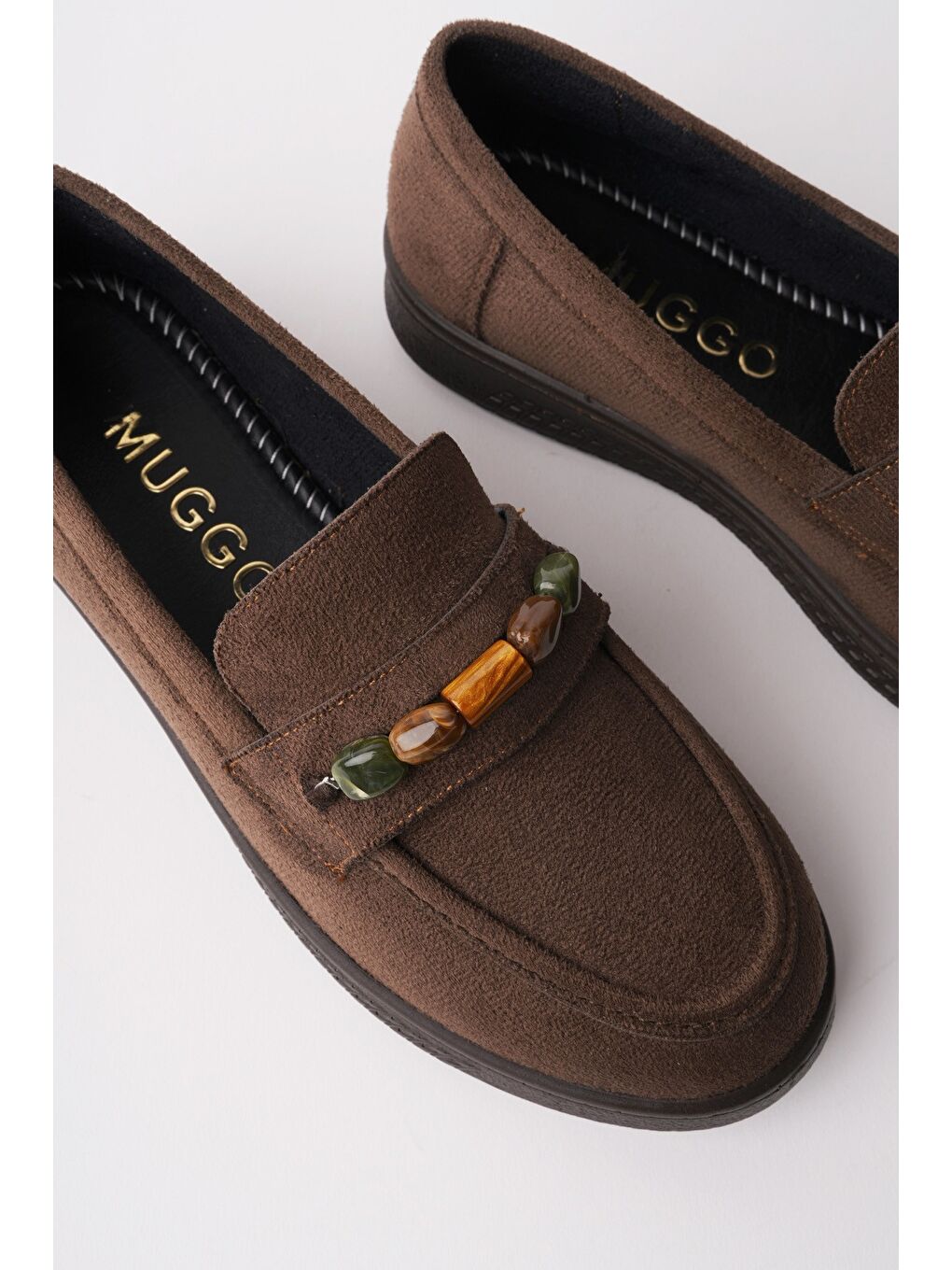 Kahverengi AUREVA Boncuk Detaylı Süet Kadın Günlük Loafer Ayakkabı-7