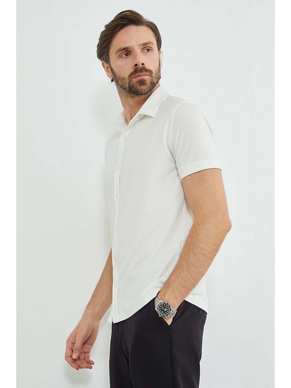 Ekru Fitilli Kolu Katlı Slim Fit Gömlek-4