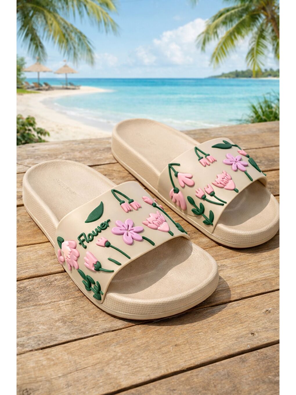 Bej FLOWER Kadın Terlik Kaymaz Taban Plaj Deniz Havuz Terliği Hastane Mutfak Balkon Terliği