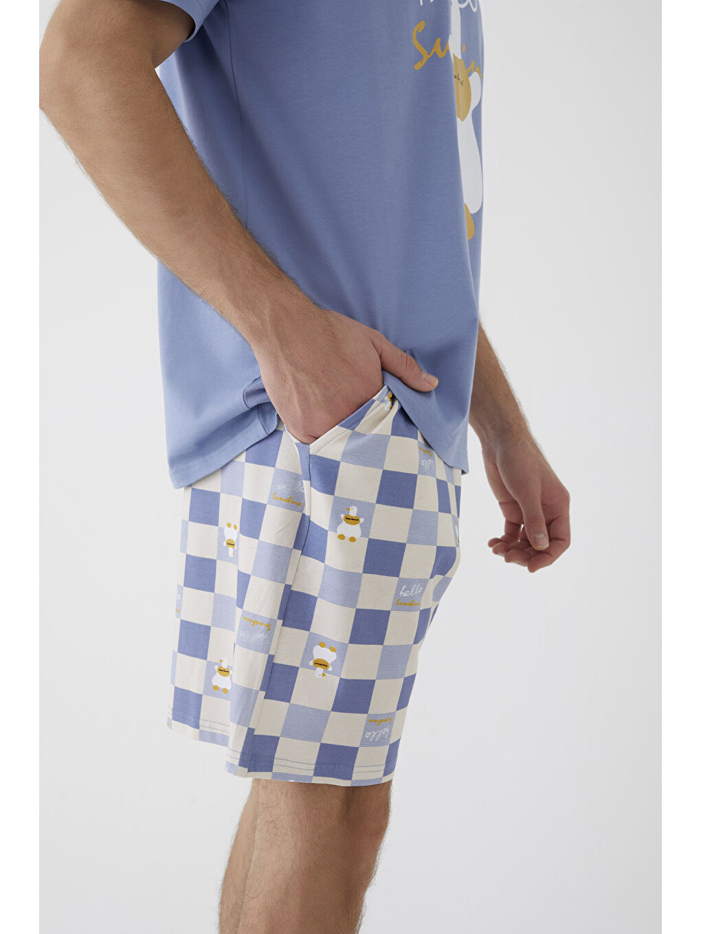Mavi Erkek Kısa Kollu Pamuklu Ekose Desenli Ördek Baskılı %100 Pamuk Şortlu Pijama Takımıı-6