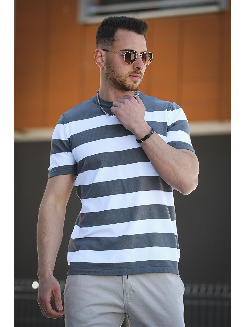 Gri Jesse Slim Fit Çizgili Merserize Erkek Triko Tişört-1