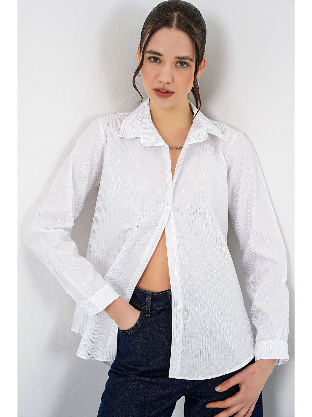 Kadın Varak Desenli Gömlek 20253 - B.Beyaz