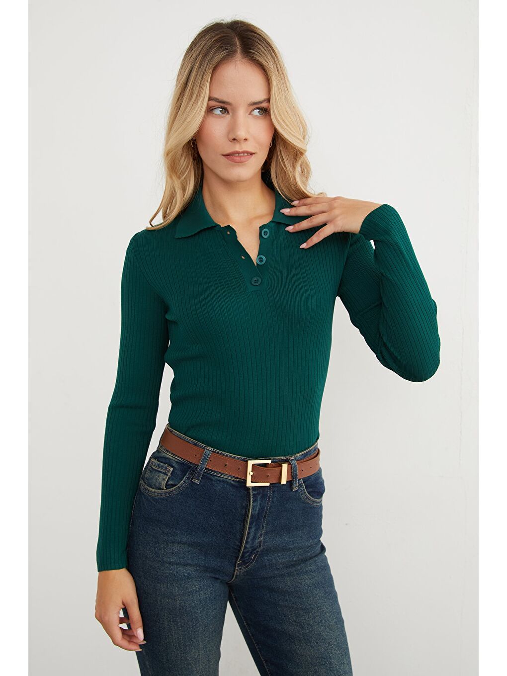 Yeşil Fitilli Polo Yaka Yarım Düğmeli Triko Kazak-3