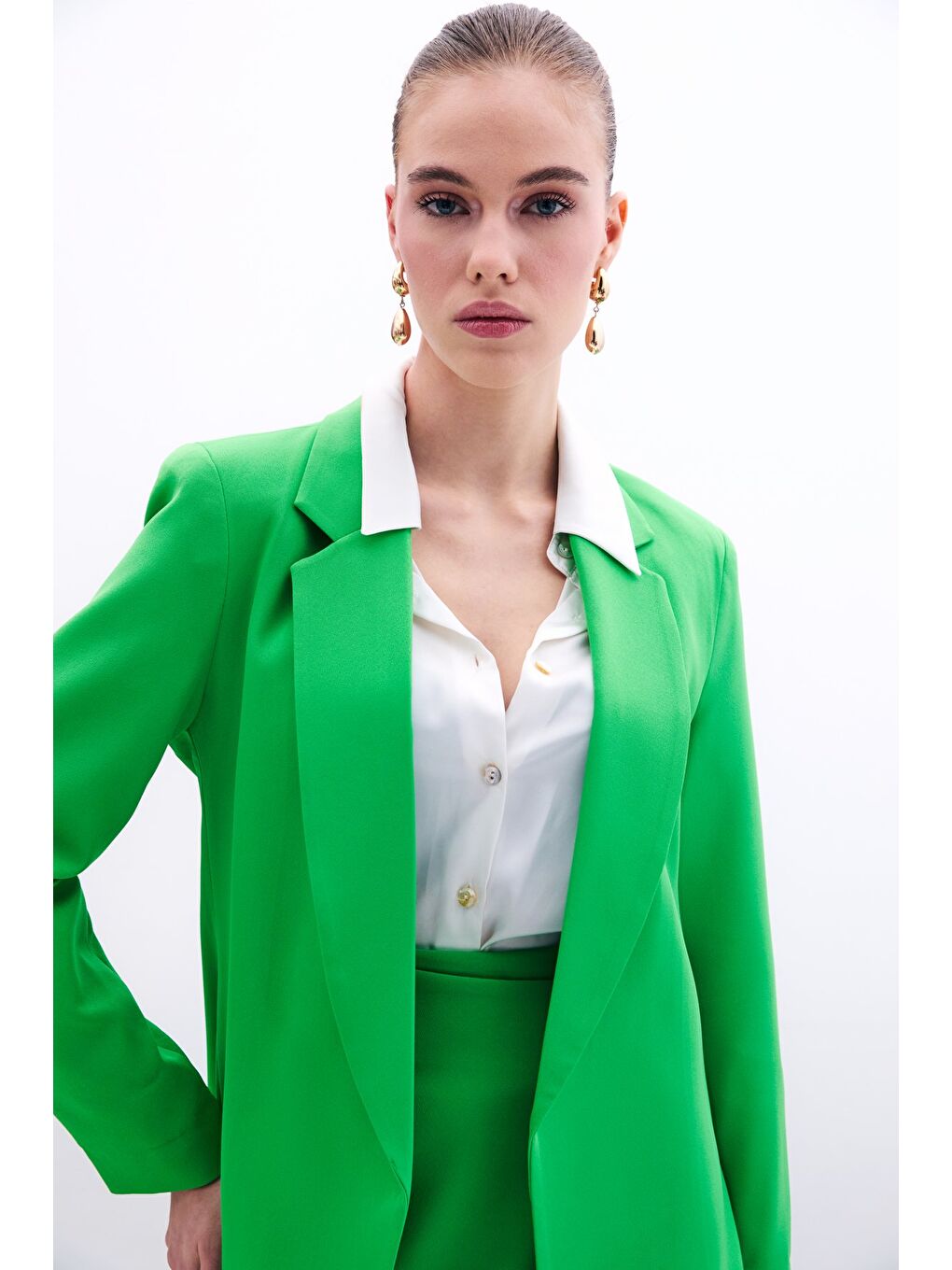 Klasik Yaka Uzun Ceket - Açık Yeşil-4