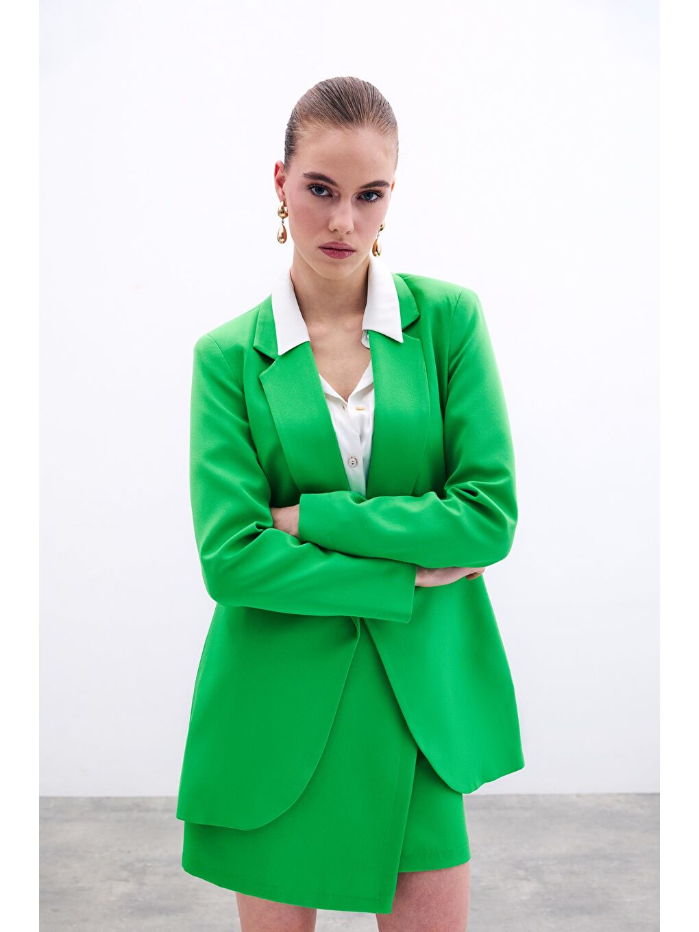 Klasik Yaka Uzun Ceket - Açık Yeşil-5