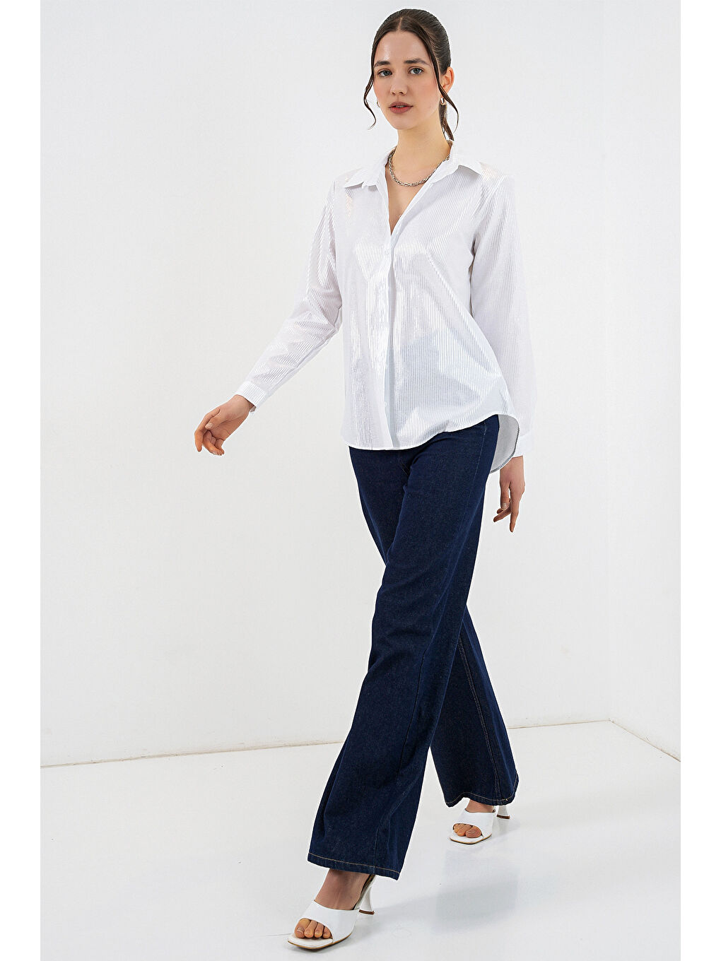 Kadın Varak Desenli Gömlek 20253 - B.Beyaz-1