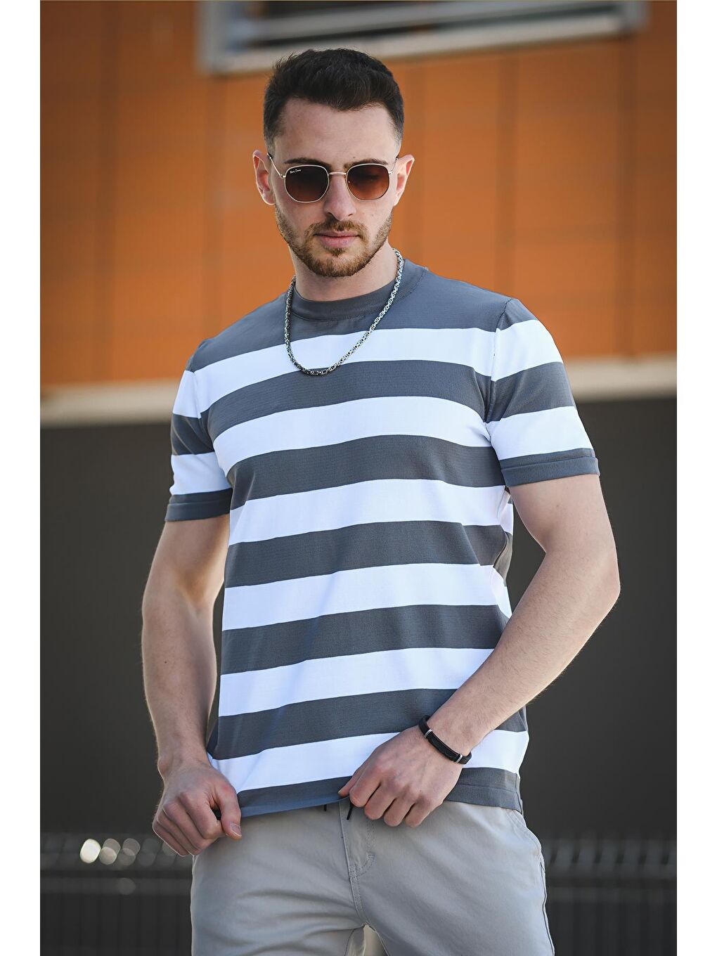 Gri Jesse Slim Fit Çizgili Merserize Erkek Triko Tişört-2