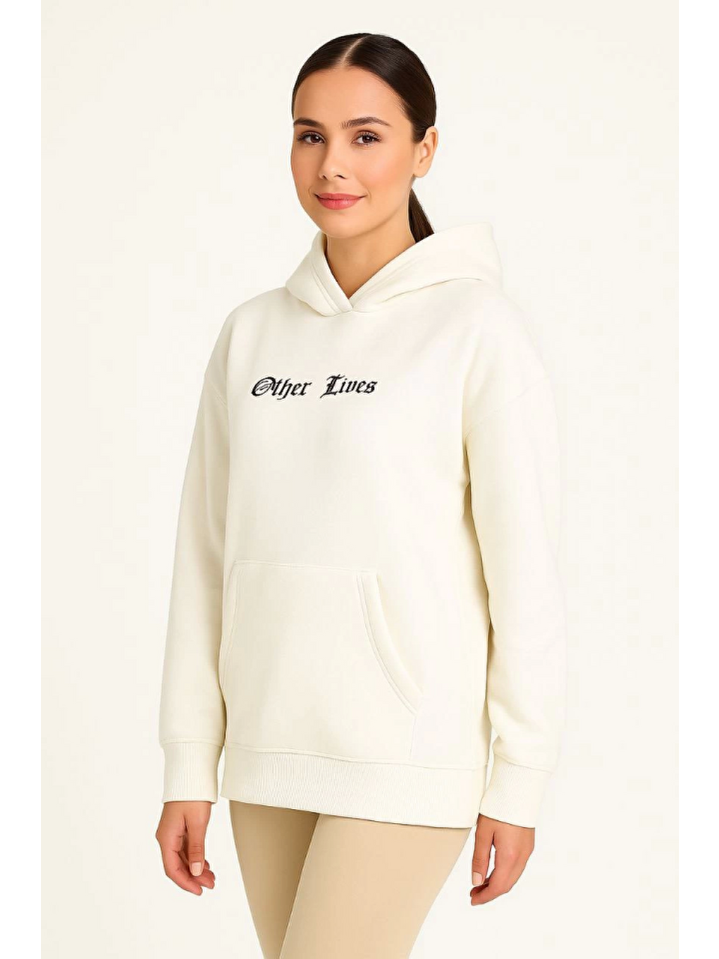 Üç İplik Kapüşonlu Ön Ve Arka Baskılı Sweatshirt Hoodie- Beyaz