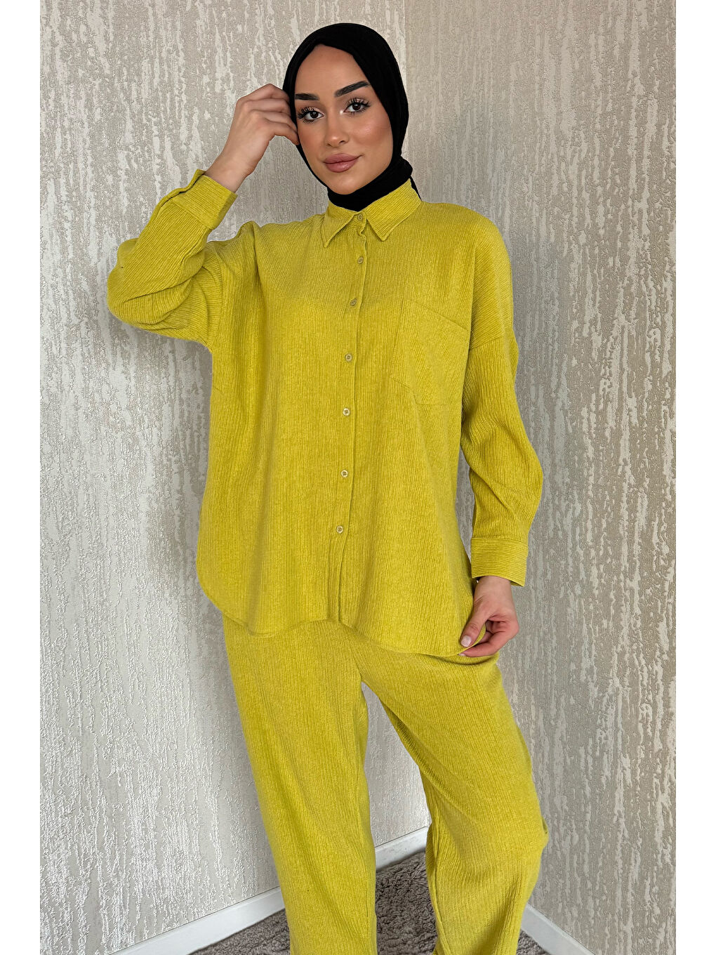 Yeşil Gömlek Pantolon Bürümcük Tesettür İkili Takım-1
