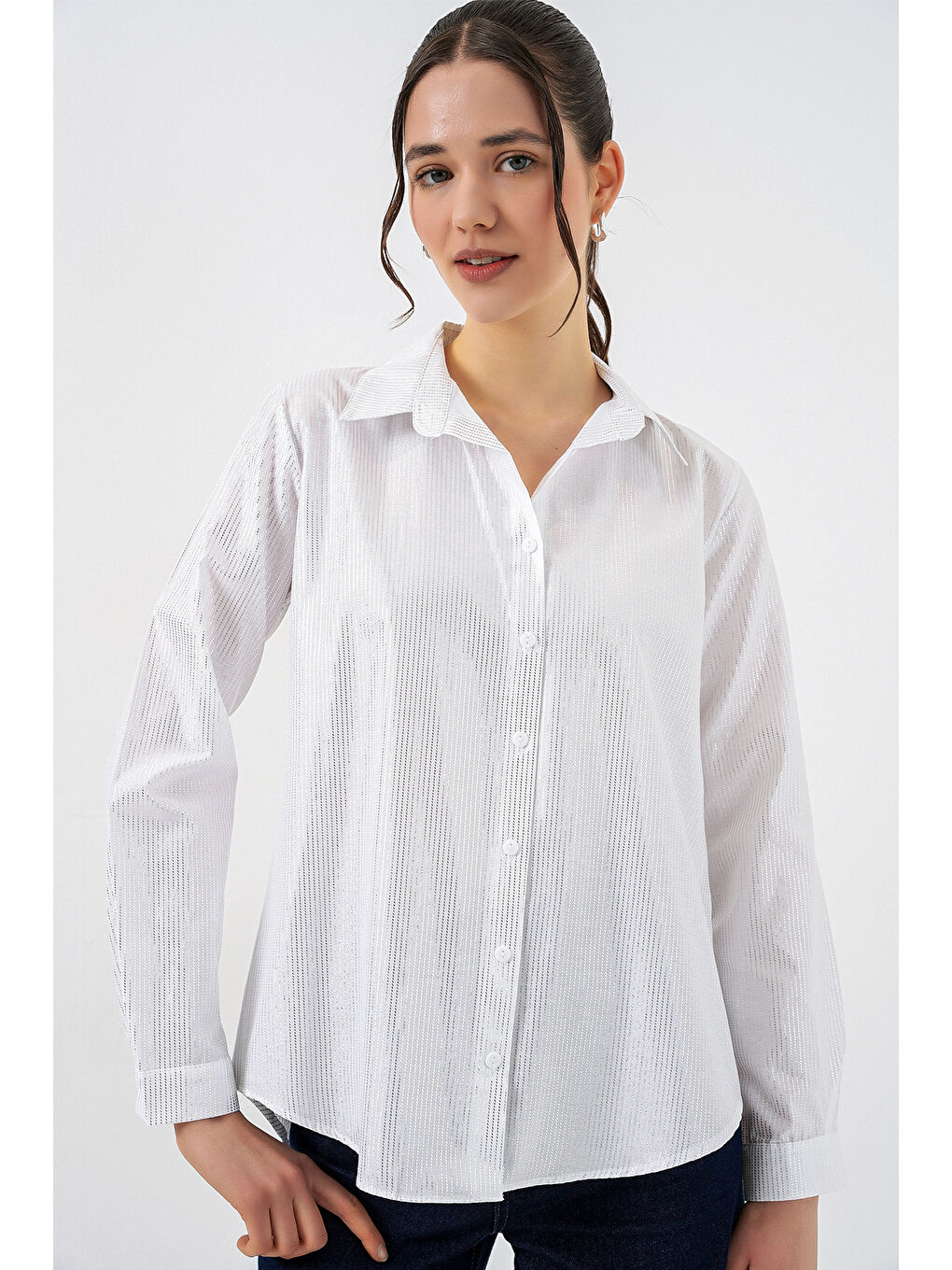 Kadın Varak Desenli Gömlek 20253 - B.Beyaz-2