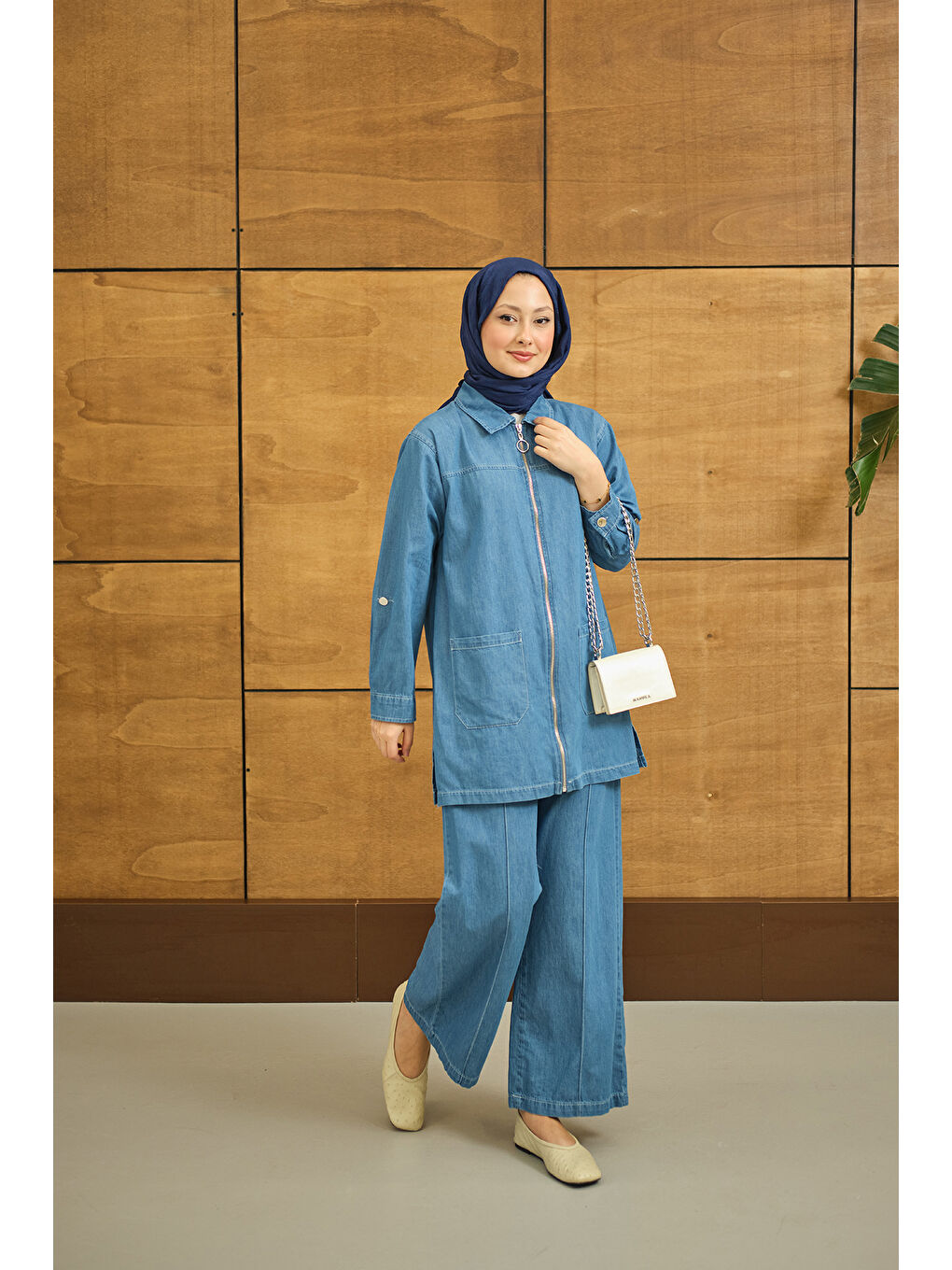 Kadın Gömlek Yaka Fermuarlı Takım Mavi