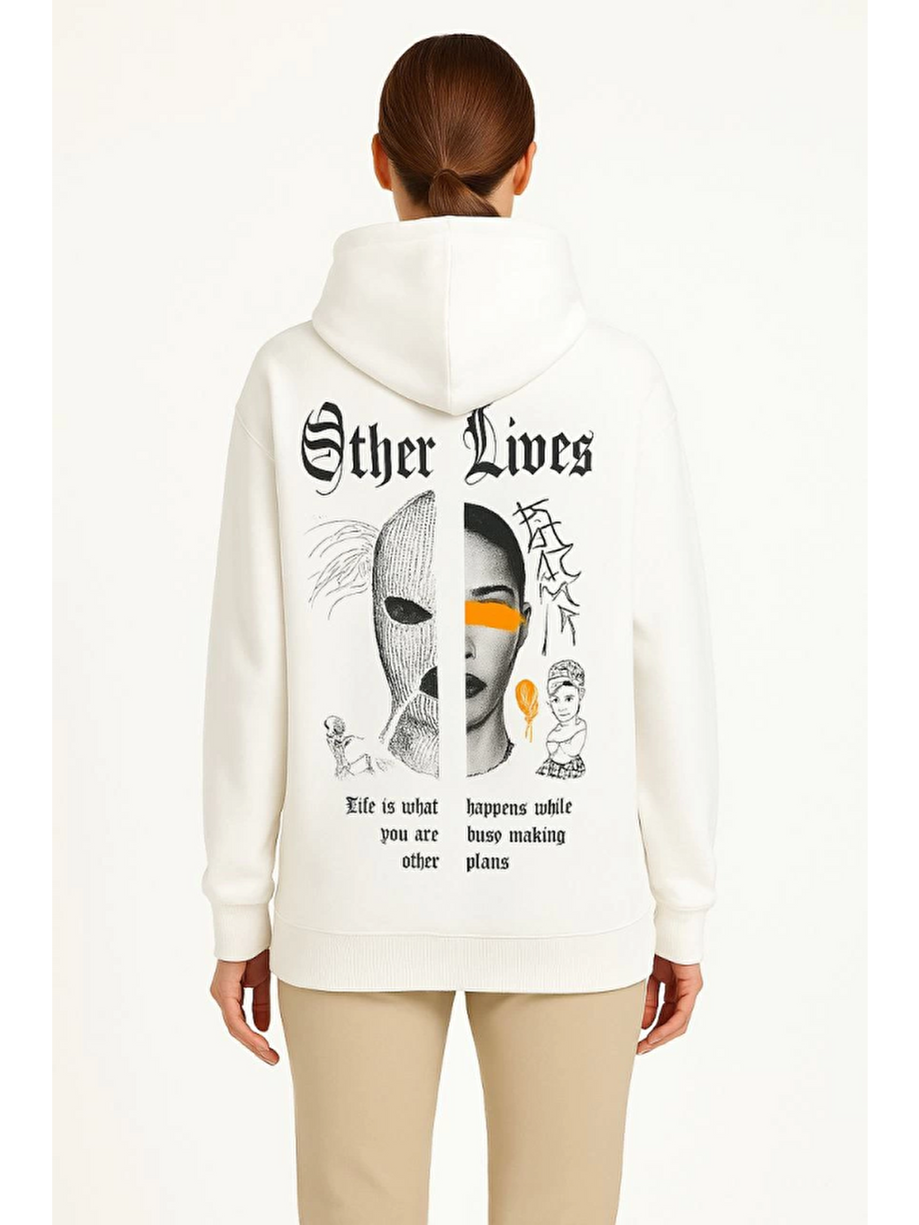 Üç İplik Kapüşonlu Ön Ve Arka Baskılı Sweatshirt Hoodie- Beyaz-1