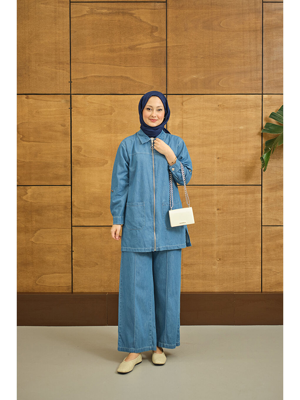 Kadın Gömlek Yaka Fermuarlı Takım Mavi-1