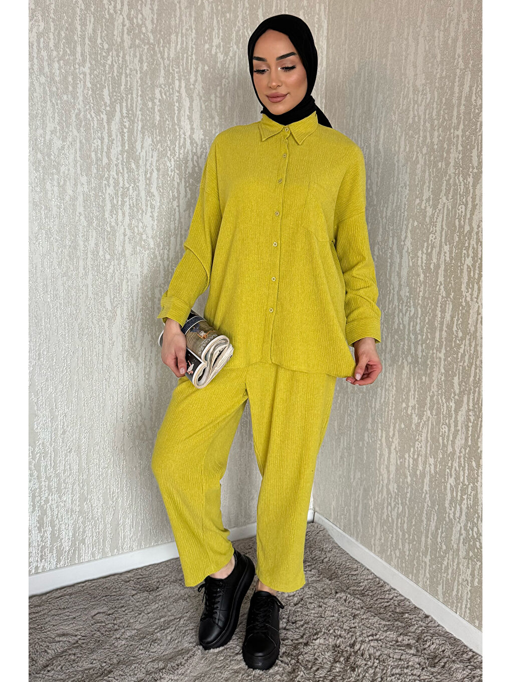 Yeşil Gömlek Pantolon Bürümcük Tesettür İkili Takım-3