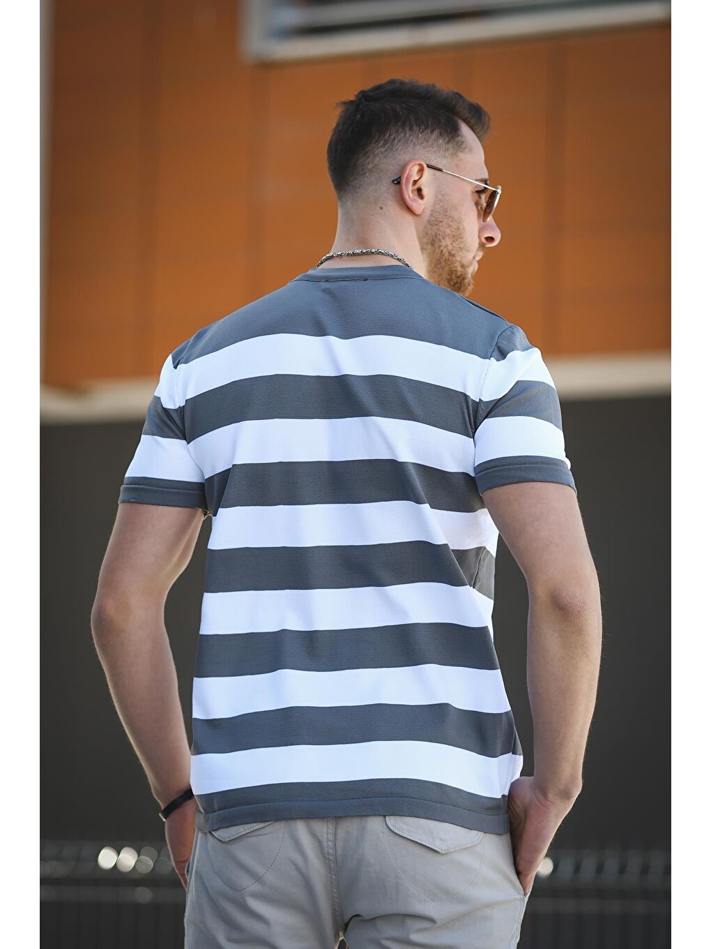 Gri Jesse Slim Fit Çizgili Merserize Erkek Triko Tişört-3