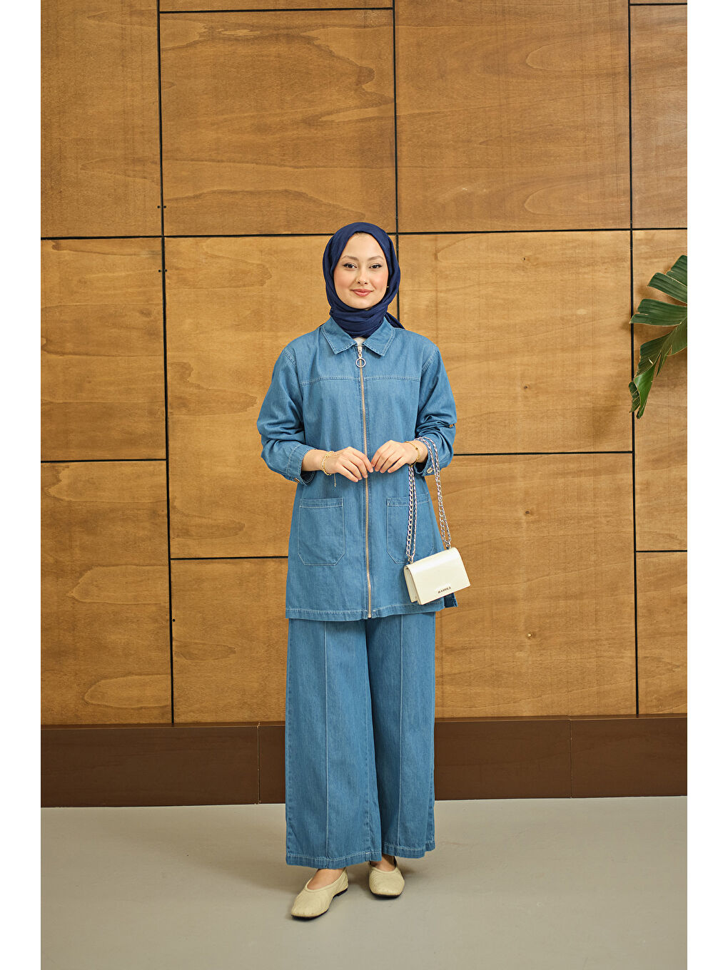 Kadın Gömlek Yaka Fermuarlı Takım Mavi-2