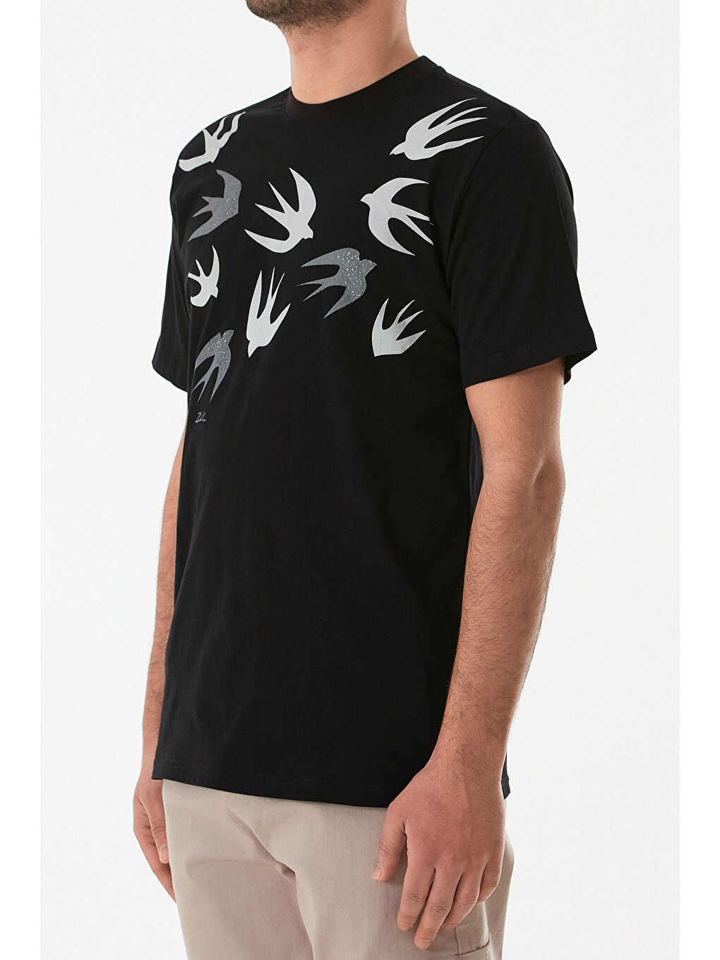 Siyah Kuş Baskılı Bisiklet Yaka Tişört-4