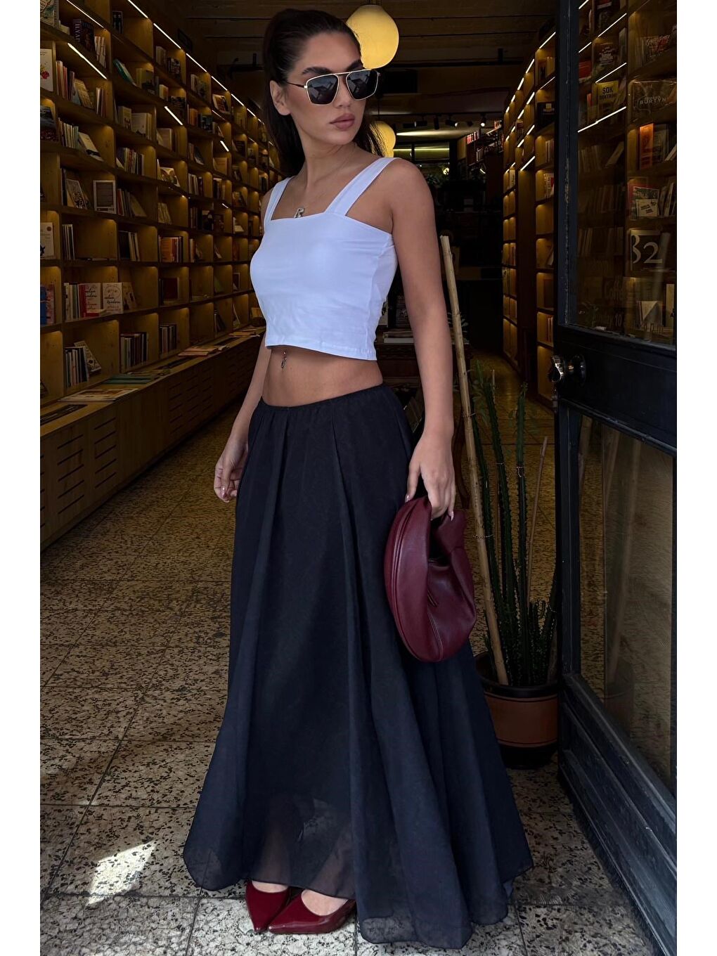 Antrasit Vintage Şifon Maxi Etek Mg2776