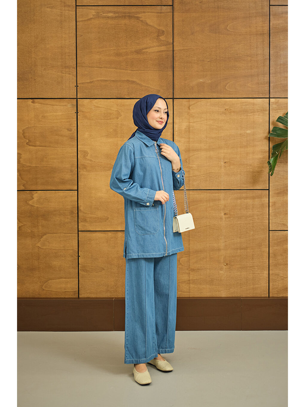 Kadın Gömlek Yaka Fermuarlı Takım Mavi-3