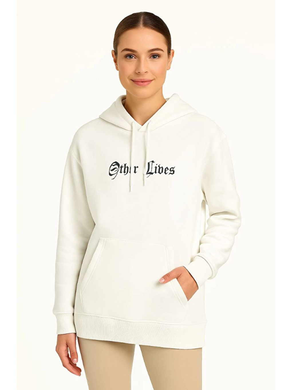 Üç İplik Kapüşonlu Ön Ve Arka Baskılı Sweatshirt Hoodie- Beyaz-2