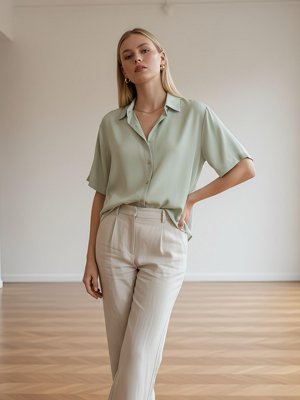 Yeşil Kısa Kollu Salaş Viskon Gömlek