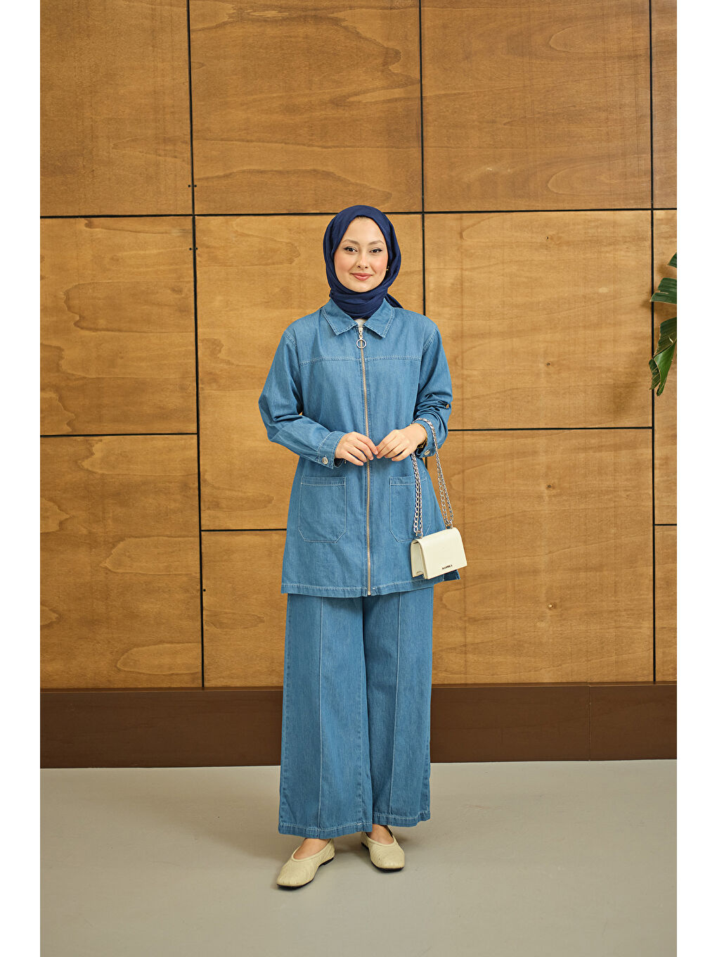 Kadın Gömlek Yaka Fermuarlı Takım Mavi-4