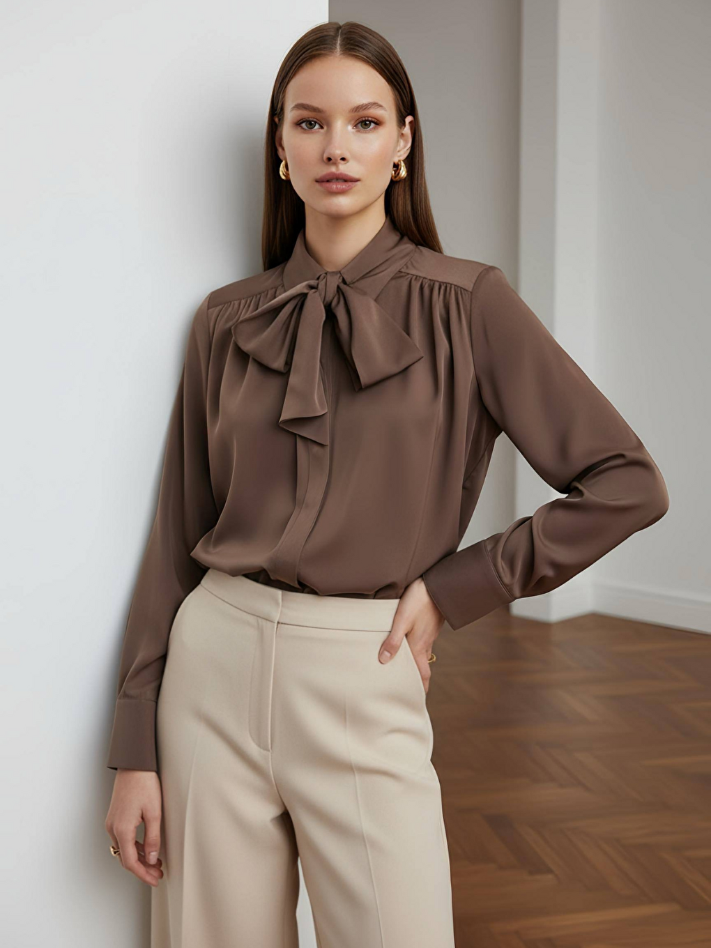 Kahverengi Pile Detaylı ParisFular Yaka Gömlek-2