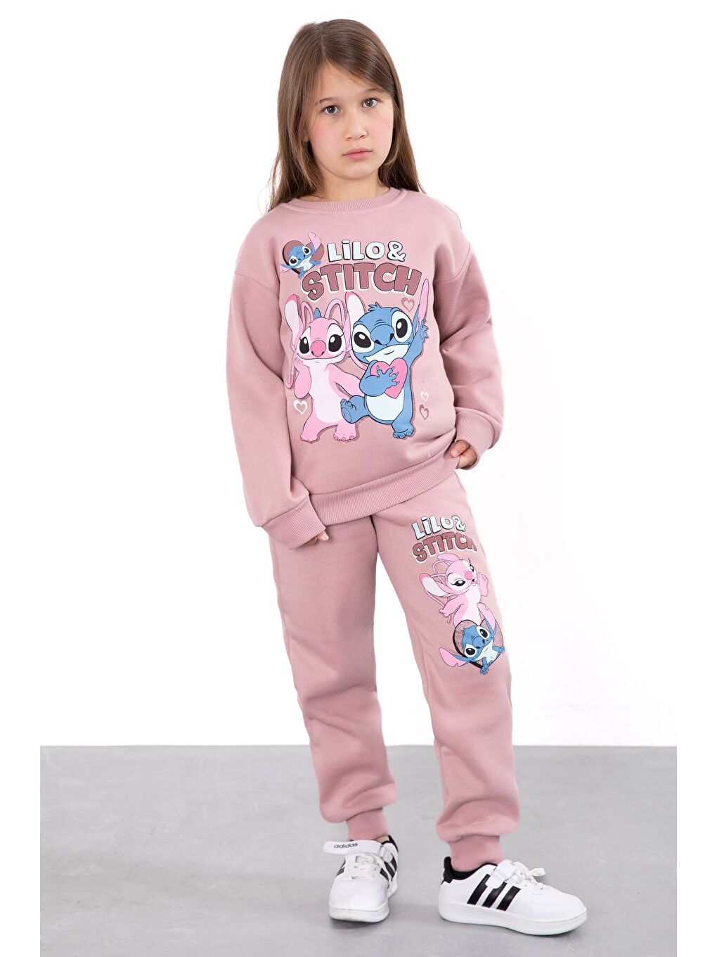 Pembe Gül Kurusu Sevimli Simli Karakter Baskı Şardonlu Kız Çocuk Eşofman Takım 23296